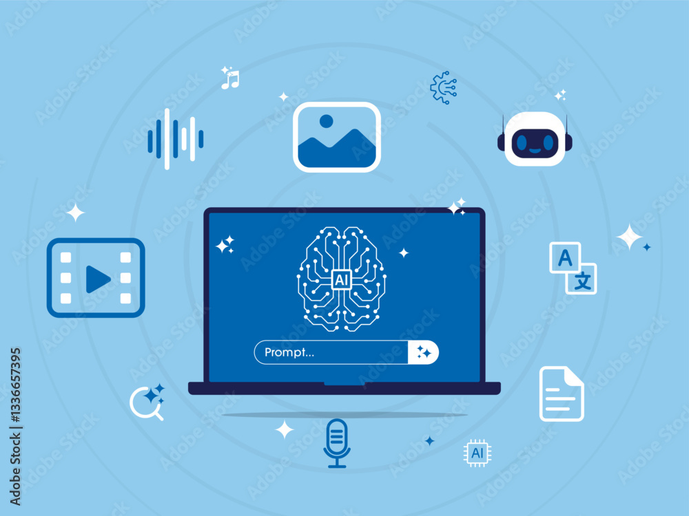 Poster Concept of AI, Digital brain with AI chip on laptop and generate bar. AI created generate art, text, video, and audio with prompt. Big data visualization and machine learning. Vector illustration.