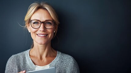 Smiling Middle-Aged Woman with Tablet in Modern Indoor Setting
