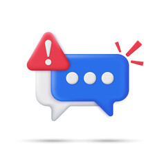 3D empty chat bubble with red triangle warning icon. Fail chat message notification. Minimal speech bubble with attention alert sign. 3D vector icon render illustration.