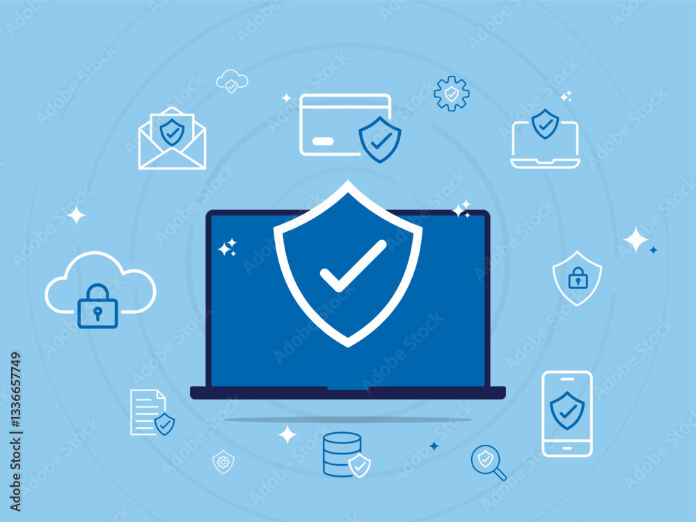 Poster Concept of cyber security. The Shield on laptop and secure information icon. Secure technology and Data protection. Privacy concept. Vector illustration.