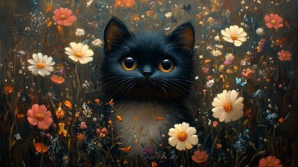 A stunning digital painting of a black cat with glowing amber eyes, surrounded by wildflowers and butterflies, set against a warm, dreamy background.  
