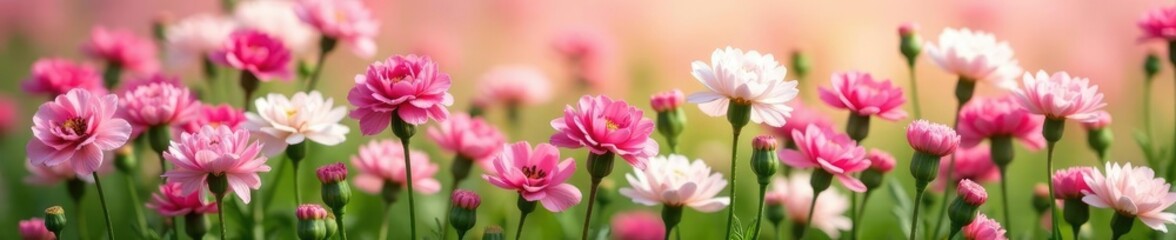 Obraz premium Pink and white blooming carnations in a field, floral arrangement, wildflowers