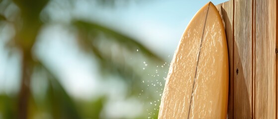 Close-up of a wooden fence with a surfboard leaning against it. the surfboard is yellow in color and appears to be made of wood.