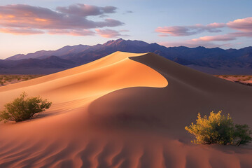 Naklejka premium Serene sunset over golden sand dunes in a desert landscape with distant mountains and soft clouds