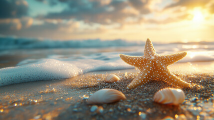 Starfish and Seashells on Wet Sand