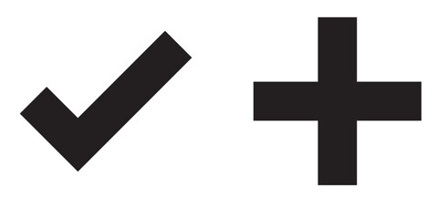 Right and wrong vector icon set rounded color black outline, flat rounded check mark, cross, x mark, circle shape thin line tick mark symbol. Approval and rejection signs isolated on white background