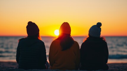Three friends watching a sunset over the ocean, silhouetted against the vibrant sky, creating a serene and reflective atmosphere.