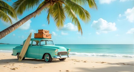 Vintage Car with Surfboard on Tropical Beach