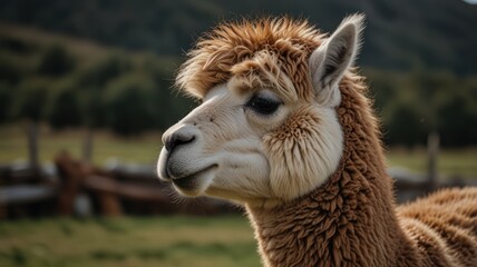 Fototapeta premium Alpaca profile, fluffy, outdoor