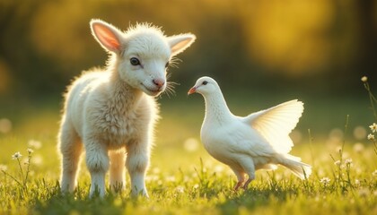 Fototapeta premium Lamb and Dove in Peaceful Sunset Wildflower Field