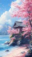 Fototapeta premium A serene coastal view with blooming cherry blossoms and a traditional house.