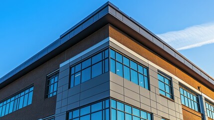 Obraz premium Modern office building corner, sunny day, clear sky, architectural detail, commercial use