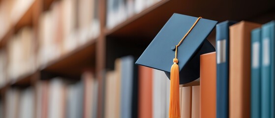 Blue graduation cap with an orange tassel hanging from it, resting on top of a bookshelf.