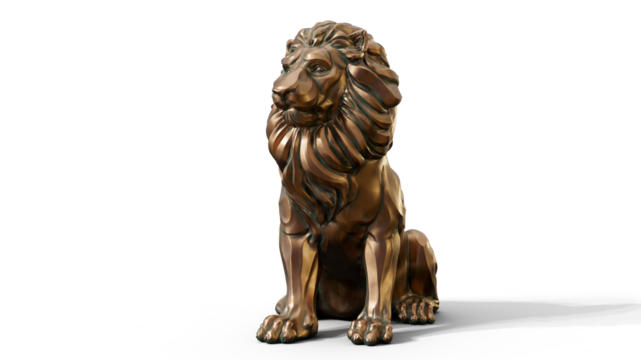 Bronze stylized sitting lion 3d Sculpture premium png isolate on transparent background with shadow 