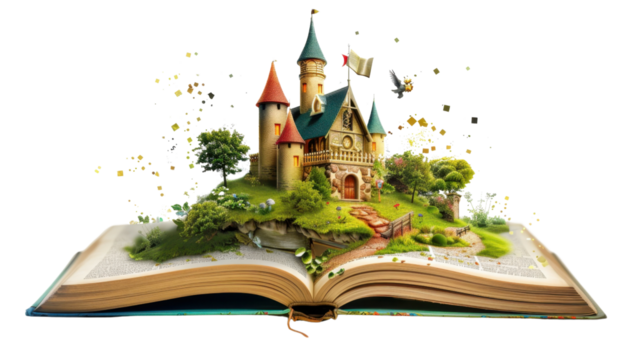 Open book revealing fairytale castle on floating island with transparent background