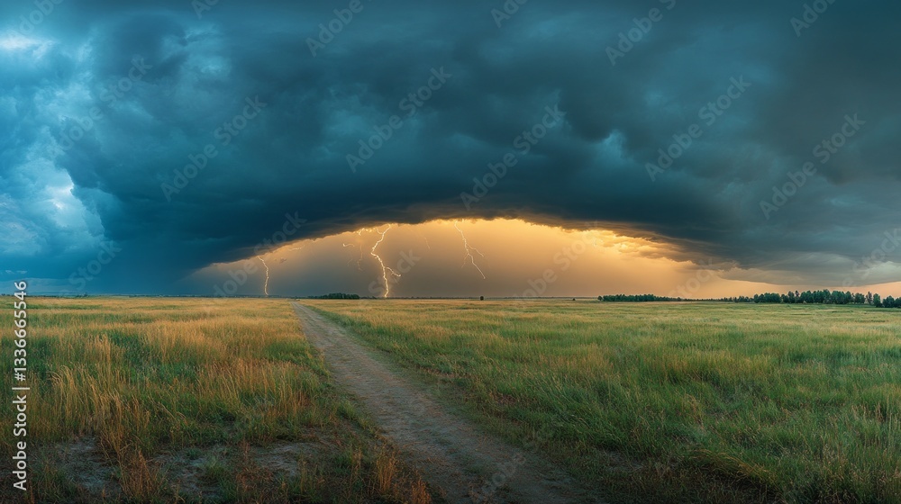 Poster as dark thunderous clouds loom overhead, lightning dances across the horizon, illuminating the golde