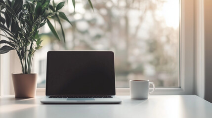 Fototapeta premium Minimalist home office setup with laptop, coffee, and plants