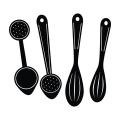 Set of Four Kitchen Utensils Ladle, Spoons, and Whisk - Black and White Illustration
