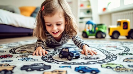 Fototapeta premium Happy toddler girl playing with toy car on floor mat.