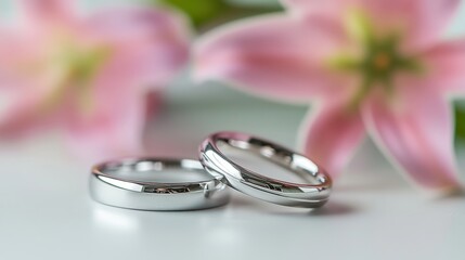 Pair of silver wedding rings with pink lily flowers