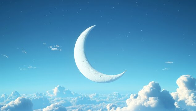 Crescent moon above fluffy clouds at night