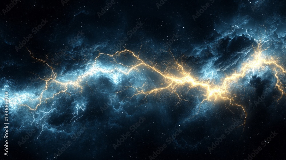 Poster Clouds swirl ominously as thunder rumbles in the distance. Lightning illuminates the dark sky, creating an awe-inspiring spectacle of nature's raw power during an approaching storm