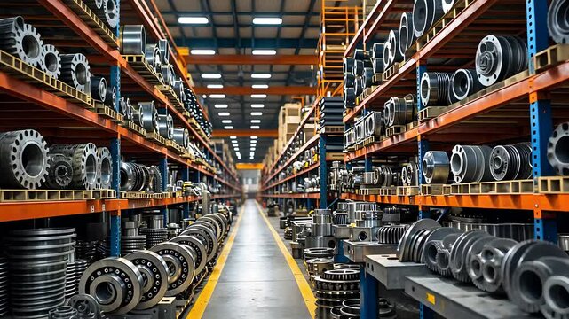 Industrial Warehouse with Large Inventory of Metal Gears and Mechanical Components Stored on High Shelving Racks

