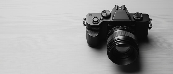 Black and white photograph of a camera. the camera is a dslr with a large lens attached to it.