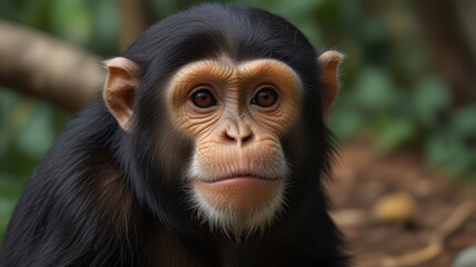 Close-up of a chimpanzee's face,  showing intelligent eyes and a calm expression.  The animal is seated against a natural, out-of-focus background of foliage and earth