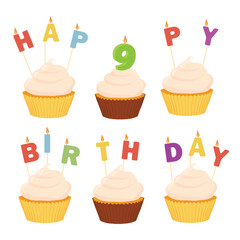 Tasty cupcakes with candles. Happy birthday 9 years anniversary design elements. Vector