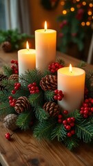 Candles with greenery, pinecones and berries on a wooden table, warm glow, berry