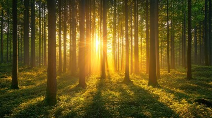Naklejka premium Golden Hour in the Enchanted Forest: A Serene Sunrise