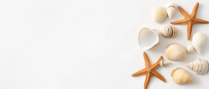 Flat lay of various seashells and starfish on a white background. there are several different types of shells scattered around the image, including conch shells, starfish, and a small white bowl.