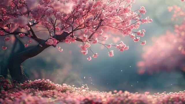 Serene spring landscape with cherry blossom tree, delicate pink flowers falling gently, creating tranquil nature scene.
