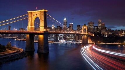 Fototapeta premium Illuminated Bridge at Night over City Skyline