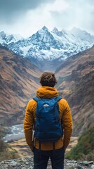 Summit Seeker: A solo explorer, back to the viewer, beholds the majestic, snow-capped peaks, embodying solitude and ambition