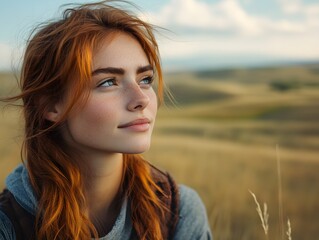 Fototapeta premium Golden Gaze: A young woman with fiery red hair gazes dreamily toward the horizon, against a backdrop of golden fields and a soft, cloud-dappled sky.
