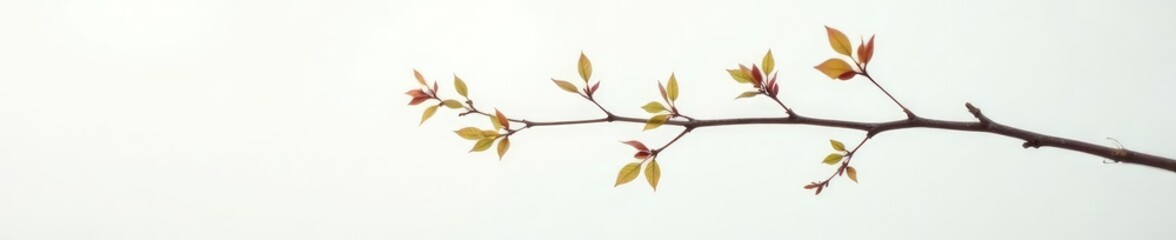 Obraz premium Delicate branch with tiny leaves on a crisp white background, twig, nature, spring
