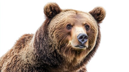 Fototapeta premium Brown Bear Close-up Portrait Against White Background. Possible Use Nature, Wildlife Stock
