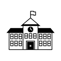School building icon with clock and flag, symbolizing university and college education