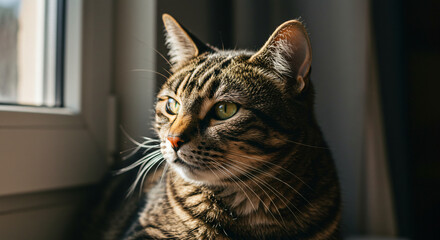 Obraz premium Curious Cat – A Beautiful Tabby Gazing Out the Window