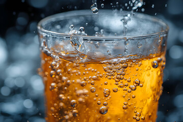 Close-up of Sparkling Amber Liquid Pouring into Glass, Bubbles Rising, Abstract Background