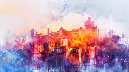 Naklejka premium Exploring Ancient Ruins and Castles holiday colorful watercolor