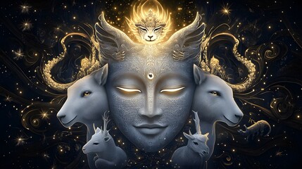 A 3D illustration of Lord Dattatreya, with three faces representing Brahma, Vishnu, and Shiva, surrounded by animals.