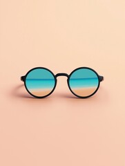 Flat lay of a pair of sunglasses on a peach-colored background. the sunglasses have a black frame and round lenses.