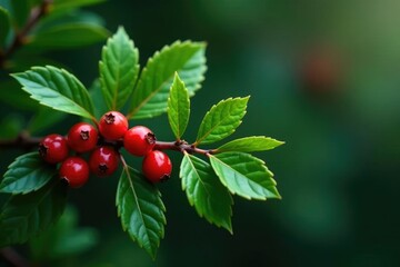 Obraz premium Green leaves and red berries on a natural evergreen branch, foliage, holiday