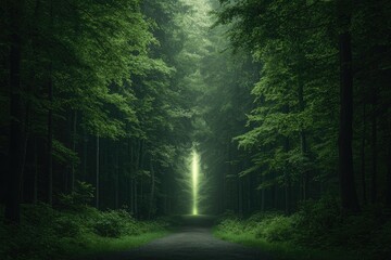 Obraz premium A darkened forest with a single light breaking through the canopy, symbolizing a path of transformation or personal growth emerging from the darkness 
