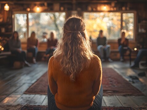 Mindfulness in the Round: A moment of mindful practice in a cozy, sun-drenched space, the silhouette of a blonde woman in focus guiding a meditation session with a diverse group.