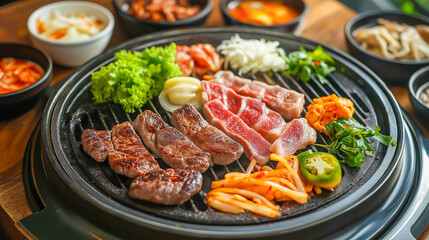 Korean barbecue platter with assorted meats and fresh vegetables