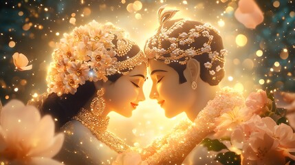 A tranquil 3D illustration of Goddess Radha with Lord Krishna in a sacred dance, surrounded by light and flowers.